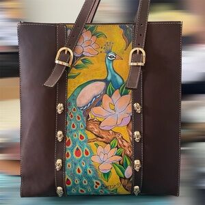 Prison Art Handmade and Hand painted Brown Leather Tote Bag with Peacock Design